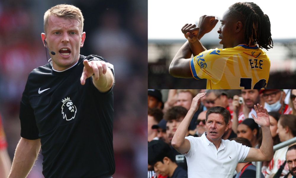 Crystal Palace manager confused by referee's decision to call out Eze's free-kick in Brentford defeat. 15